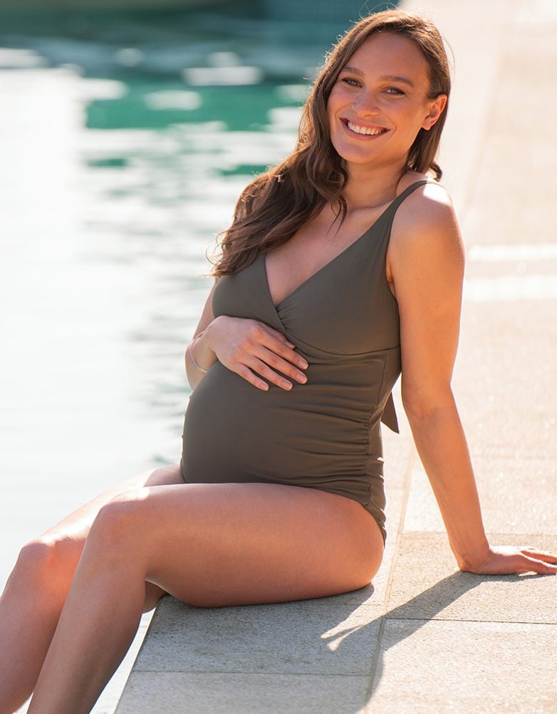Women Seraphine Beach & Swimwear | Khaki Tie-Back Maternity Swimsuit