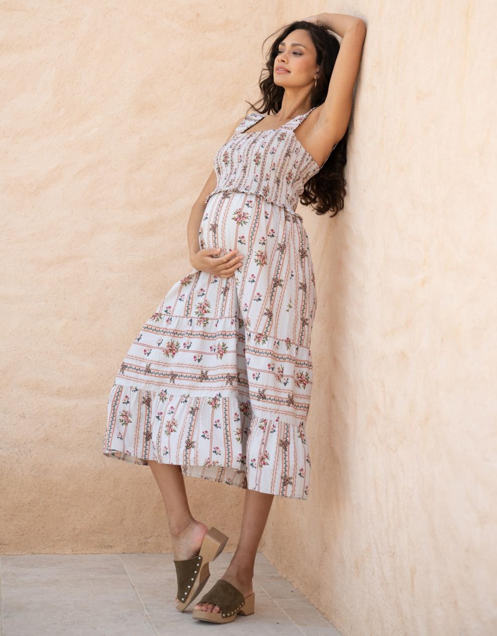 Women Seraphine Dresses | Cotton Shirred Strappy Midi Maternity-To-Nursing Dress