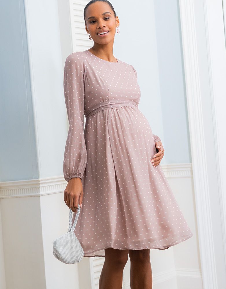 Women Seraphine Dresses | Taupe & White Spot Chiffon Maternity To Nursing Dress