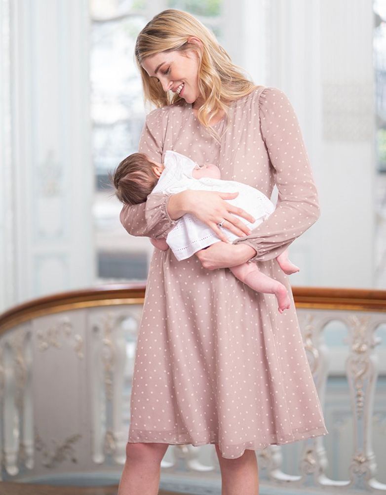 Women Seraphine Dresses | Taupe & White Spot Chiffon Maternity To Nursing Dress