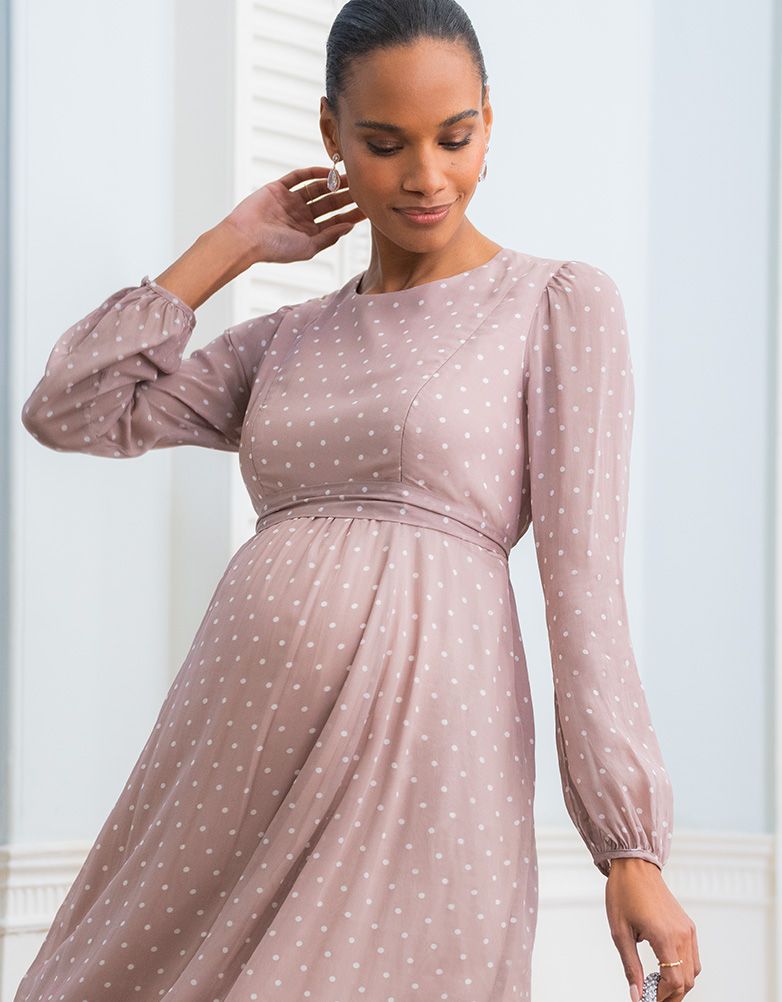 Women Seraphine Dresses | Taupe & White Spot Chiffon Maternity To Nursing Dress