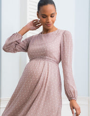 Women Seraphine Dresses | Taupe & White Spot Chiffon Maternity To Nursing Dress