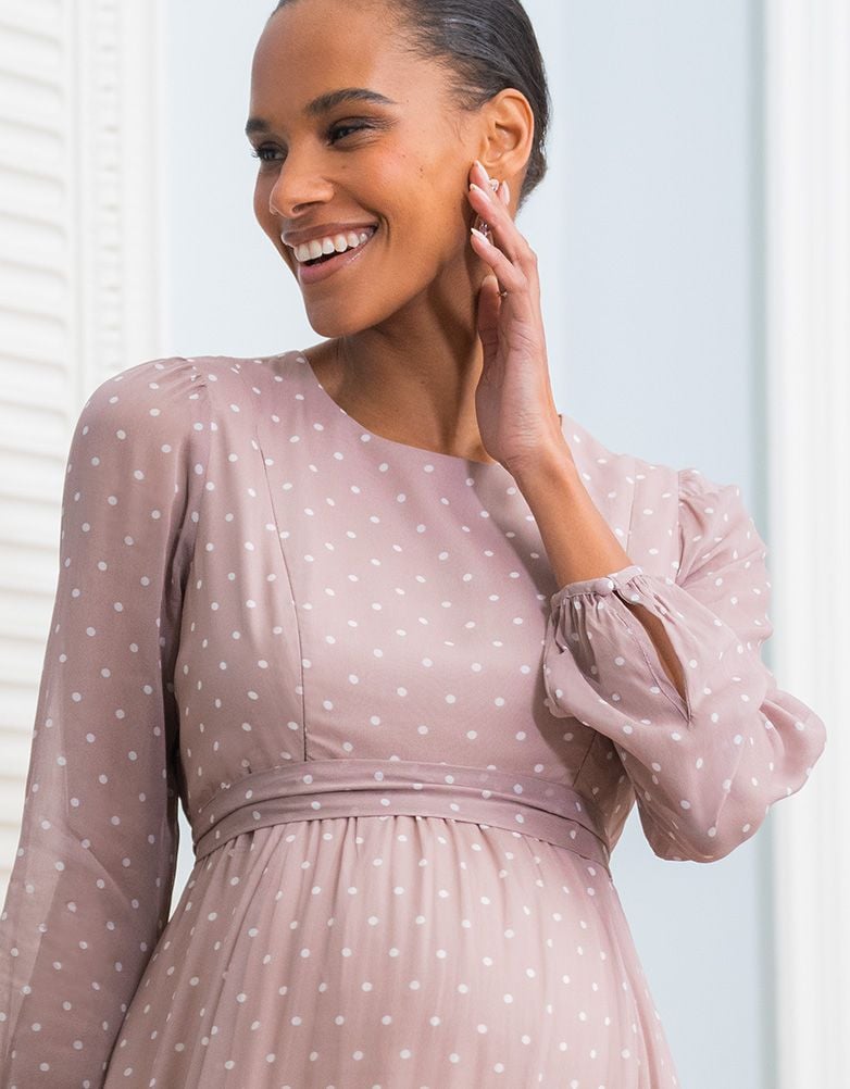Women Seraphine Dresses | Taupe & White Spot Chiffon Maternity To Nursing Dress