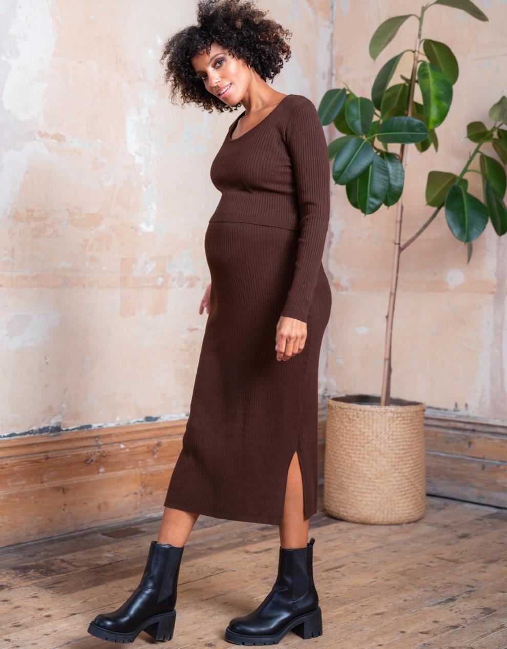 Women Seraphine Jumpers & Knitwear | Brown Ribbed Maternity & Nursing Dress