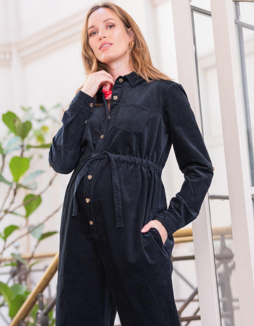 Women Seraphine Jumpsuits | Cotton Corduroy Black Maternity Jumpsuit