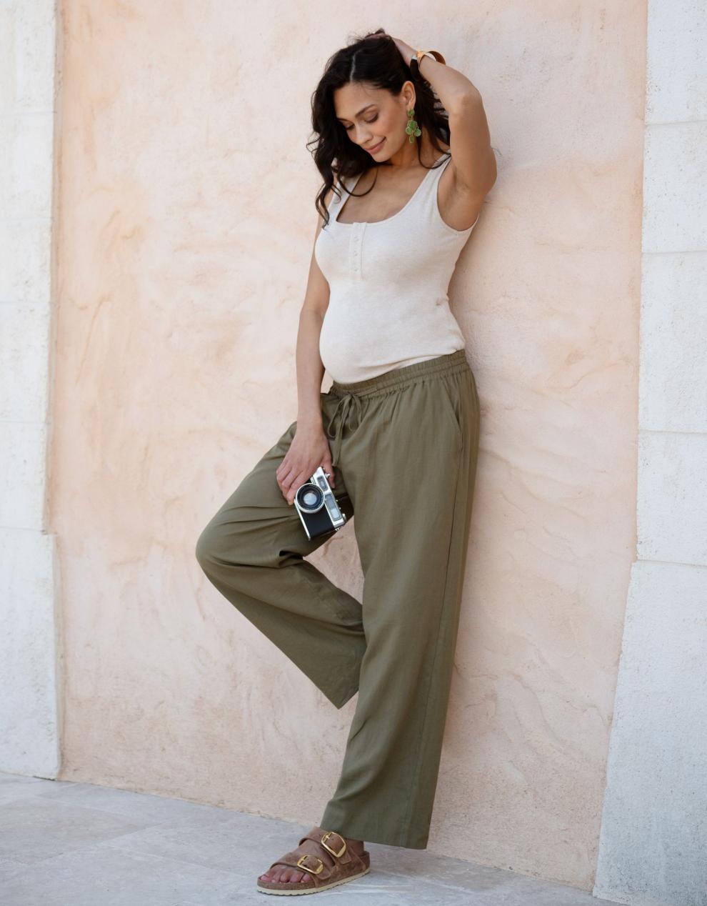 Women Seraphine Trousers & Skirts | Wide-Leg Linen-Blend Under Bump Maternity Trousers