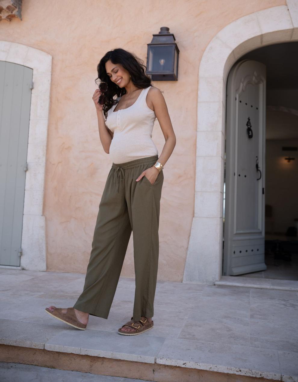 Women Seraphine Trousers & Skirts | Wide-Leg Linen-Blend Under Bump Maternity Trousers