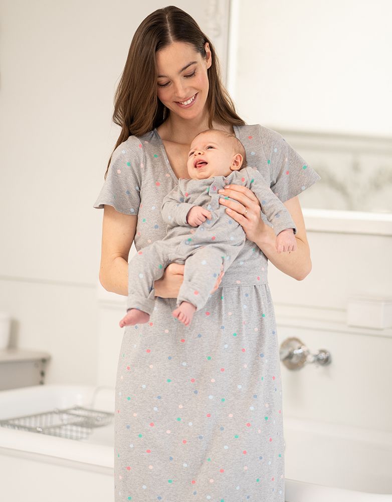 Baby Seraphine Baby Clothes | Spot Print Mama &amp; Mini Maternity To Nursing Nightdress Set – Grey