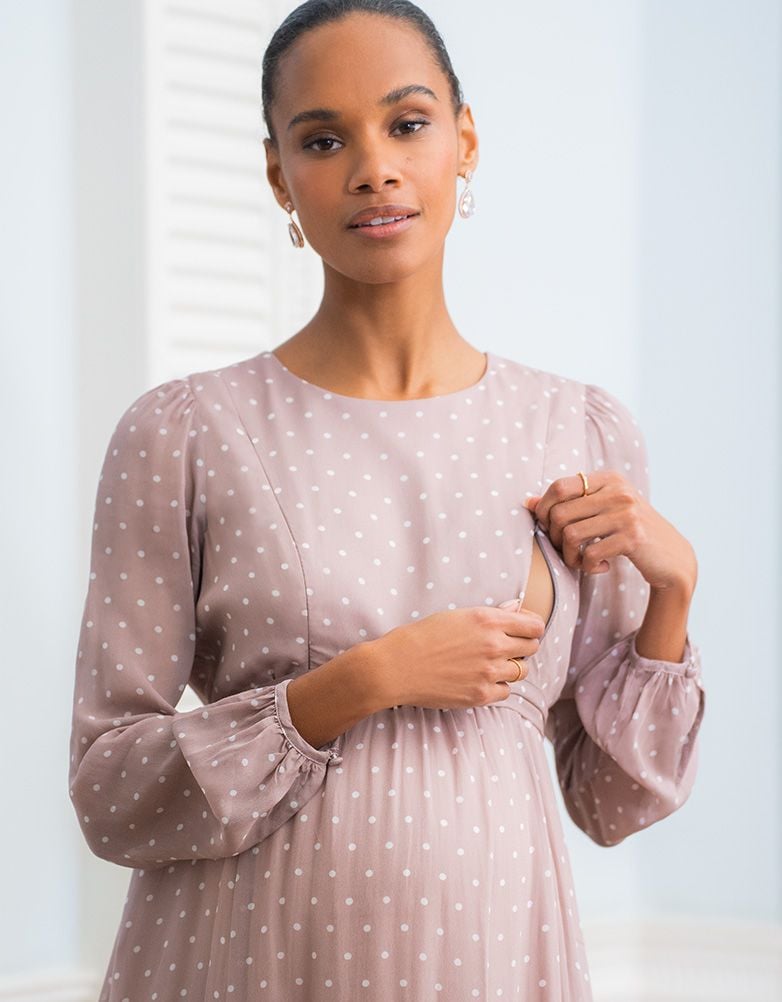 Women Seraphine Dresses | Taupe &amp; White Spot Chiffon Maternity To Nursing Dress