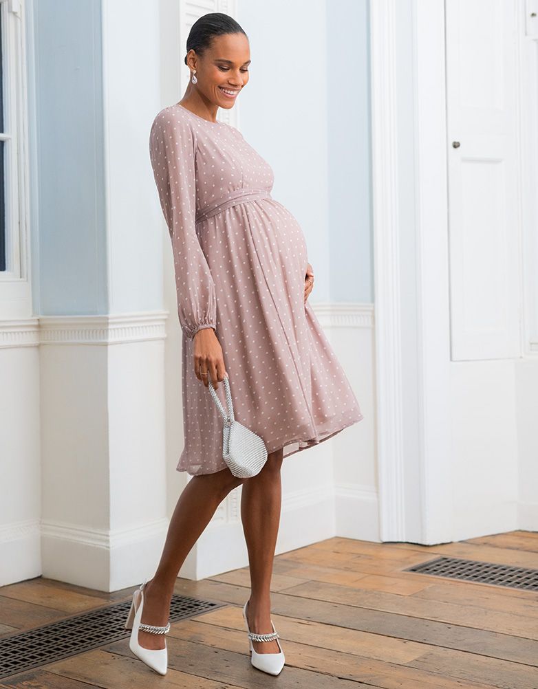 Women Seraphine Dresses | Taupe &amp; White Spot Chiffon Maternity To Nursing Dress