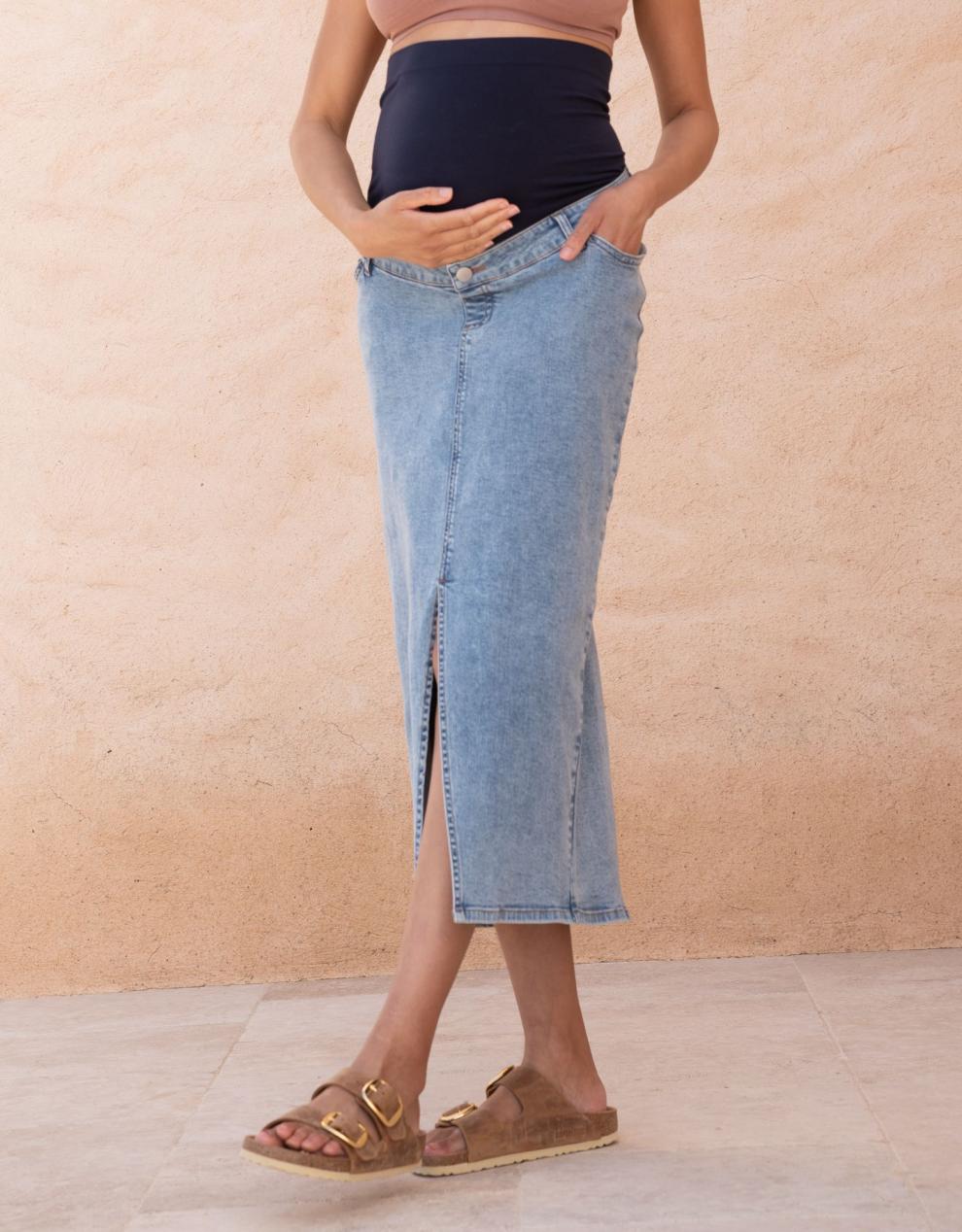 Women Seraphine Jeans | Midi-Length Over Bump Denim Maternity Skirt