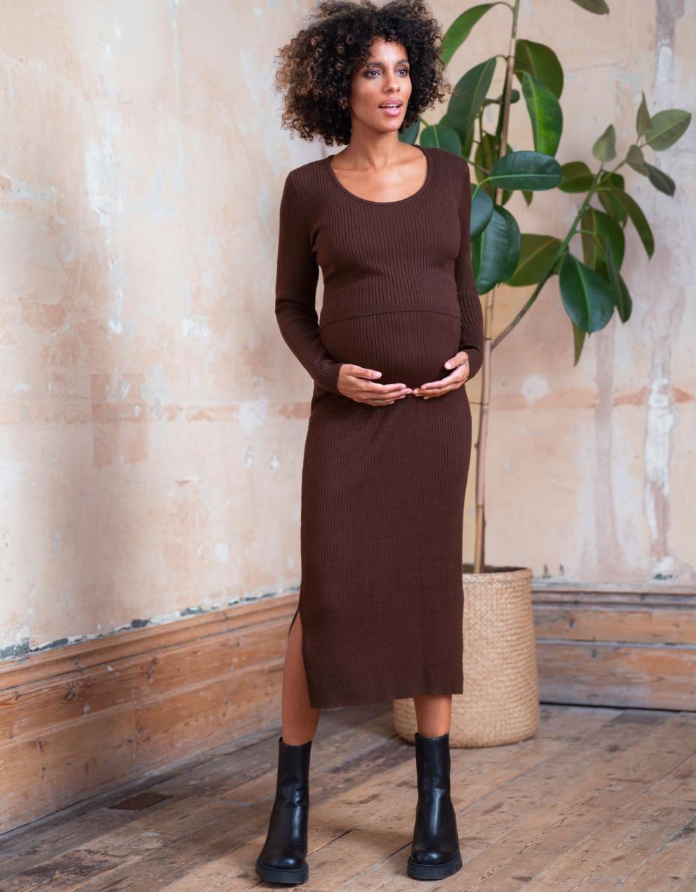 Women Seraphine Jumpers &amp; Knitwear | Brown Ribbed Maternity &amp; Nursing Dress