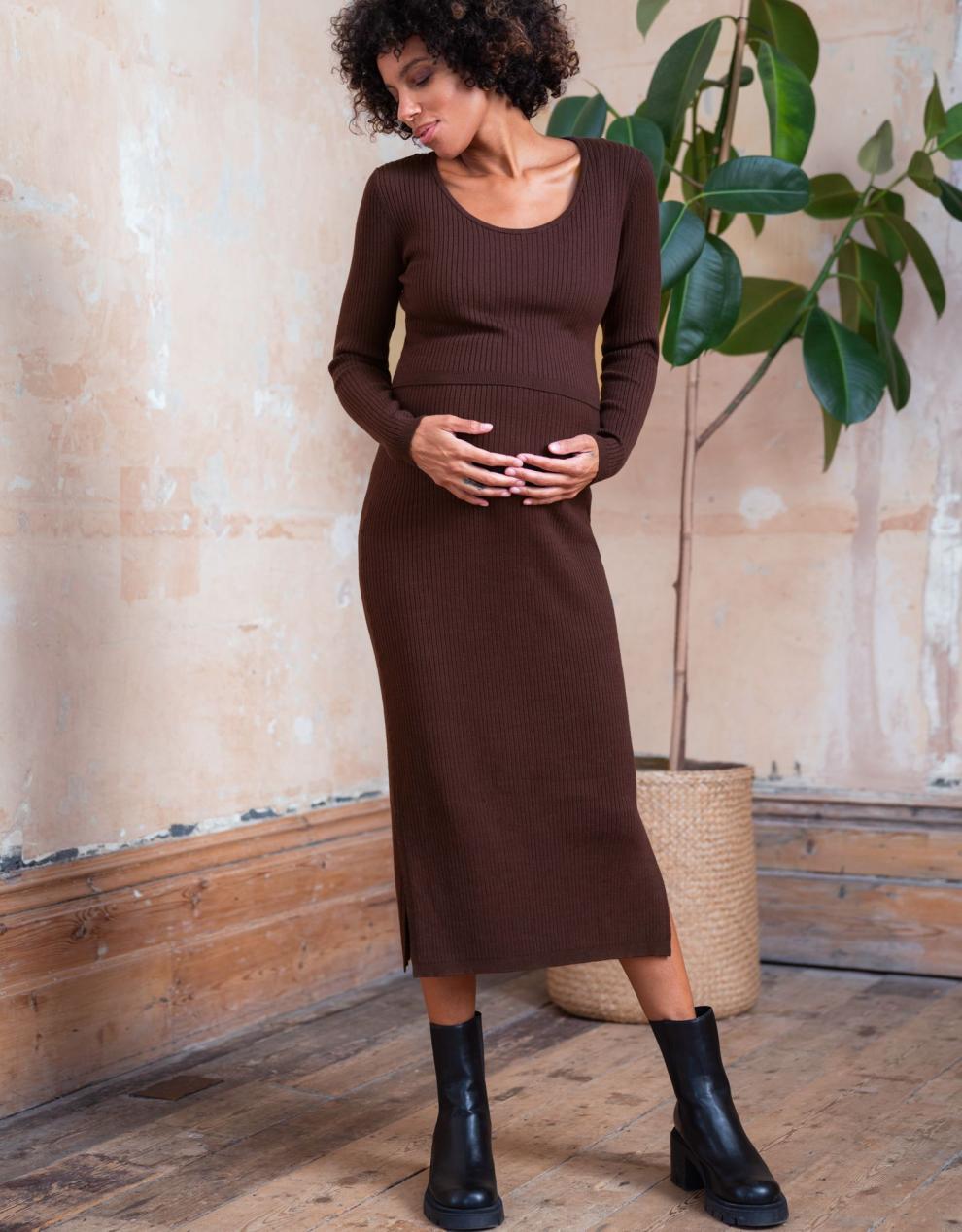 Women Seraphine Jumpers &amp; Knitwear | Brown Ribbed Maternity &amp; Nursing Dress