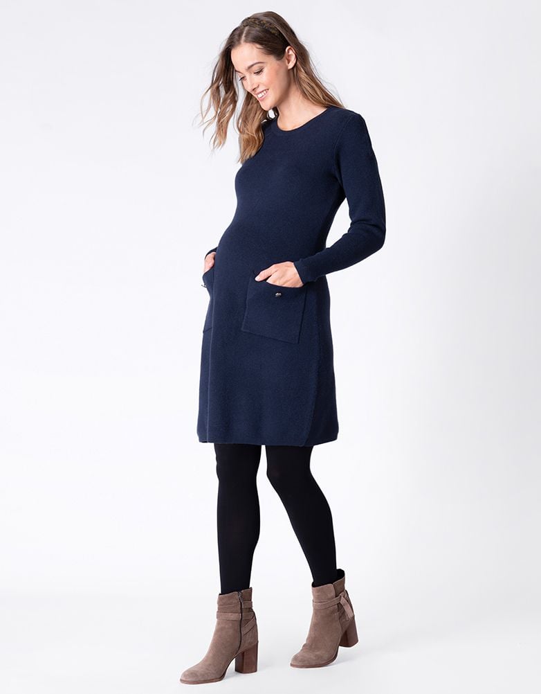 Women Seraphine Jumpers &amp; Knitwear | Navy Knitted Maternity &amp; Nursing Dress With Pockets