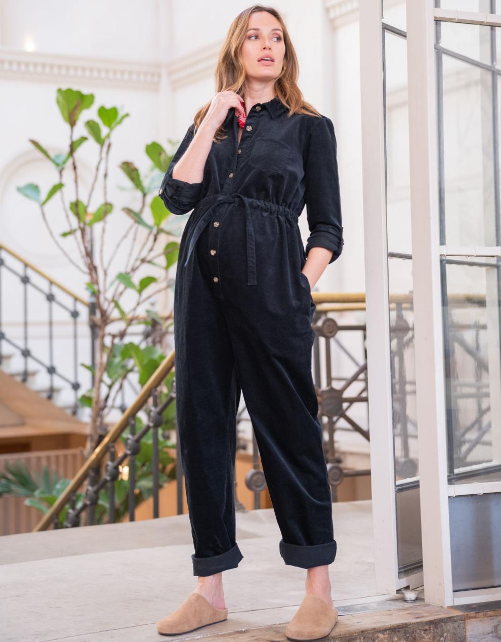 Women Seraphine Jumpsuits | Cotton Corduroy Black Maternity Jumpsuit