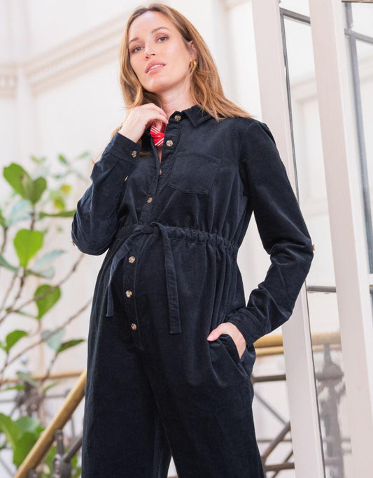 Women Seraphine Jumpsuits | Cotton Corduroy Black Maternity Jumpsuit