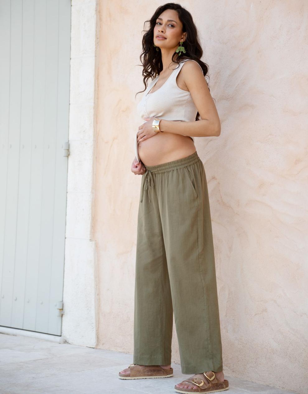 Women Seraphine Trousers &amp; Skirts | Wide-Leg Linen-Blend Under Bump Maternity Trousers